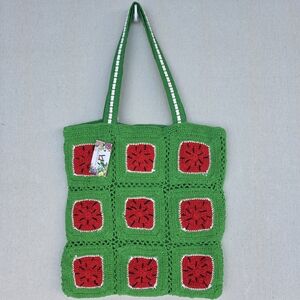 Chic Green and Red Crochet Hobo Bag